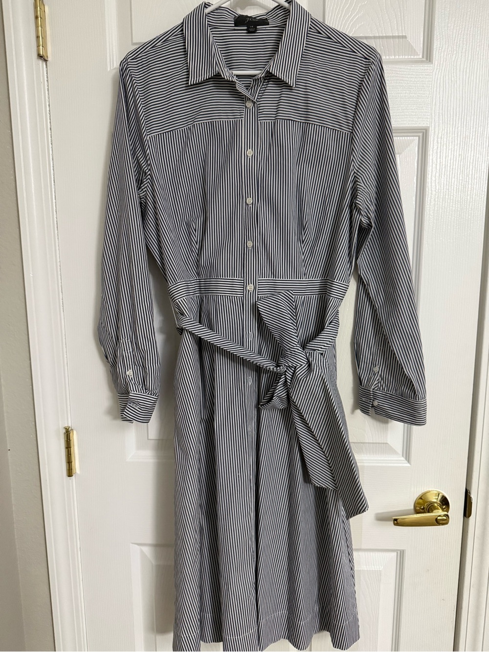 J. Crew Striped Long-Sleeve Shirt Dress with Waist Tie